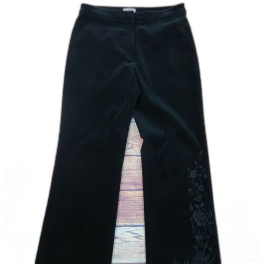 Tahari Arthur S. Levine Size 8 Embroidered Black Velour Wide Leg Pants